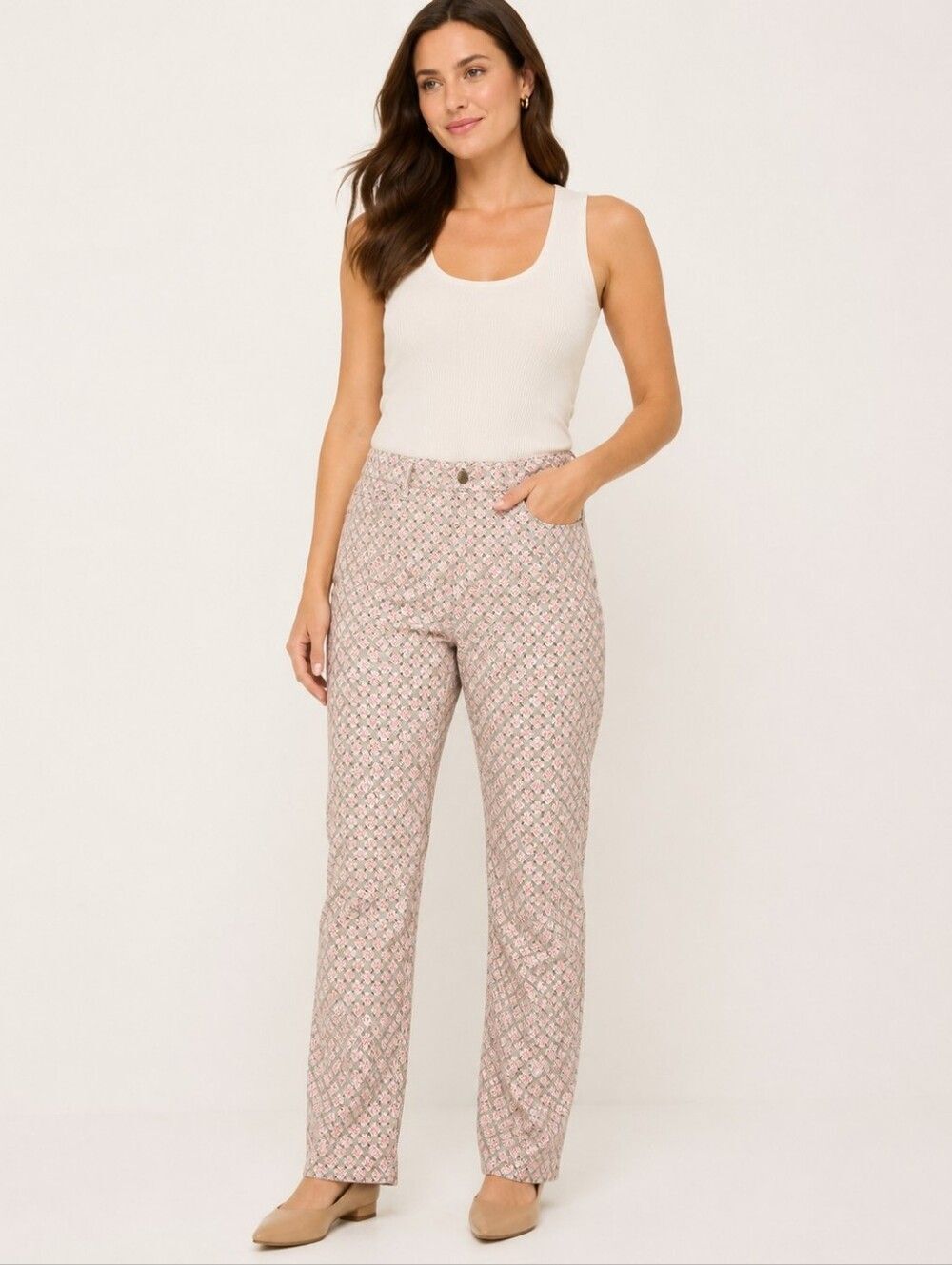 Charter Club Lexington Straight Pants Jeans Size 12 Pink Beige Geometric Stretch